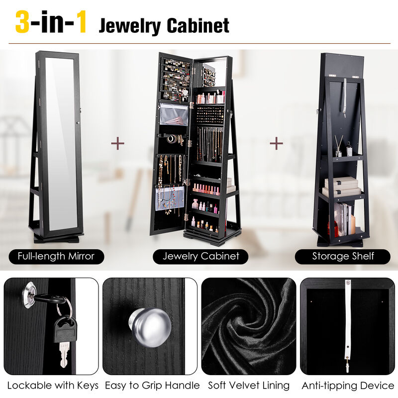 360&deg; Rotatable 2-in-1 Lockable Jewelry Cabinet with Full-Length Mirror
