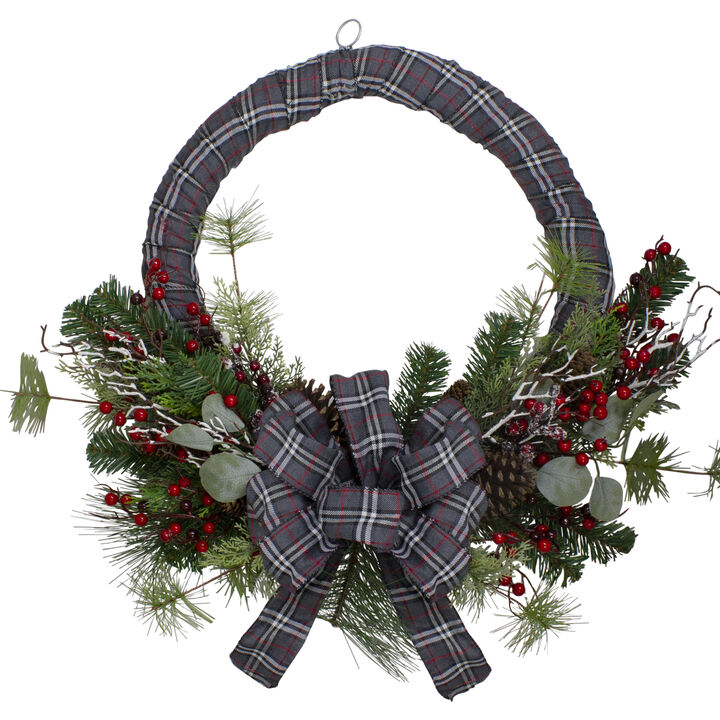 Gray and Red Plaid Artificial Christmas Wreath with Red Berries - 24-Inch  Unlit