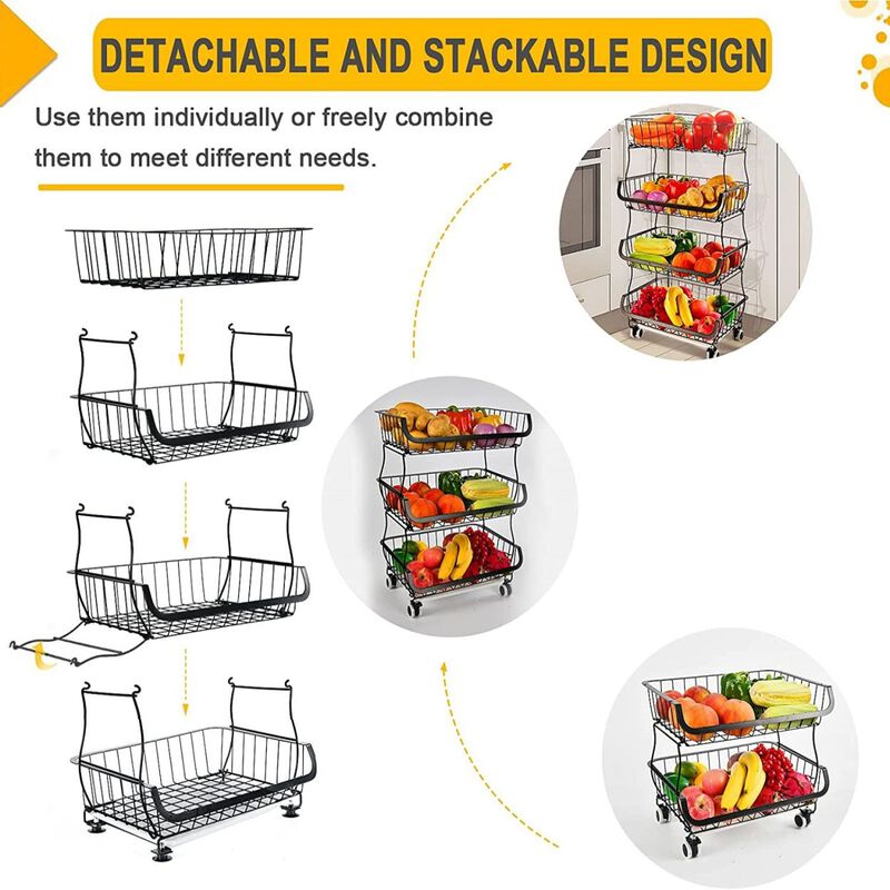 Fruit Vegetable Storage Basket for Kitchen - 4 tier Stackable Metal Wire Baskets Cart with Rolling Wheels Utility Fruits Rack Produce Snack Organizer Bins