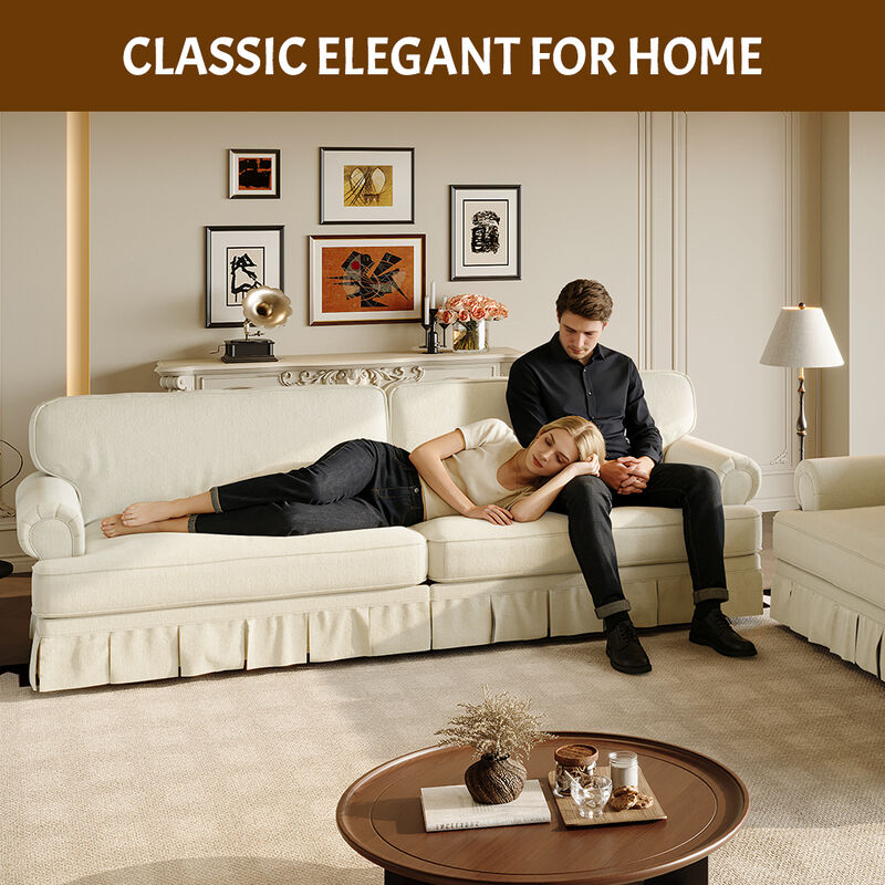 Whisen Mid-Century Sofa, Oxford Fabric Cloud Couch with Elegant Rolled Arms and Pleated Skirt Design