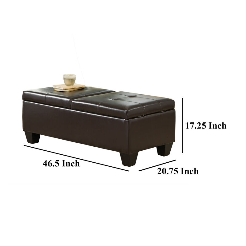 Storage Ottoman, Chocolate Faux Leather, Soft Cushioning, 47 Inch - Benzara