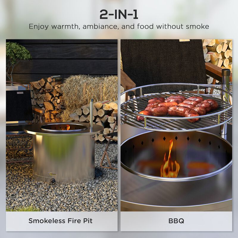 Outsunny 25" Stainless Steel Smokeless Fire Pit with Grill, Poker, Silver