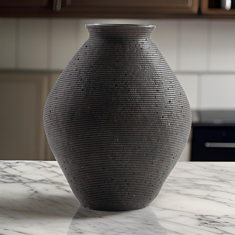 Dale 12 Inch Round Polyresin Vase, Wavy Ribbed Spiral Texture Antique Brown - Benzara