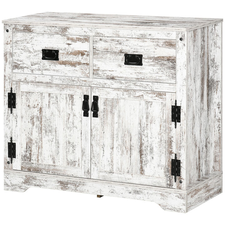 HOMCOM Industrial Sideboard Buffet Cabinet, Kitchen Cabinet with 2 Drawers, 2 Doors, Adjustable Shelf Coffee Bar Cabinet, Distressed White
