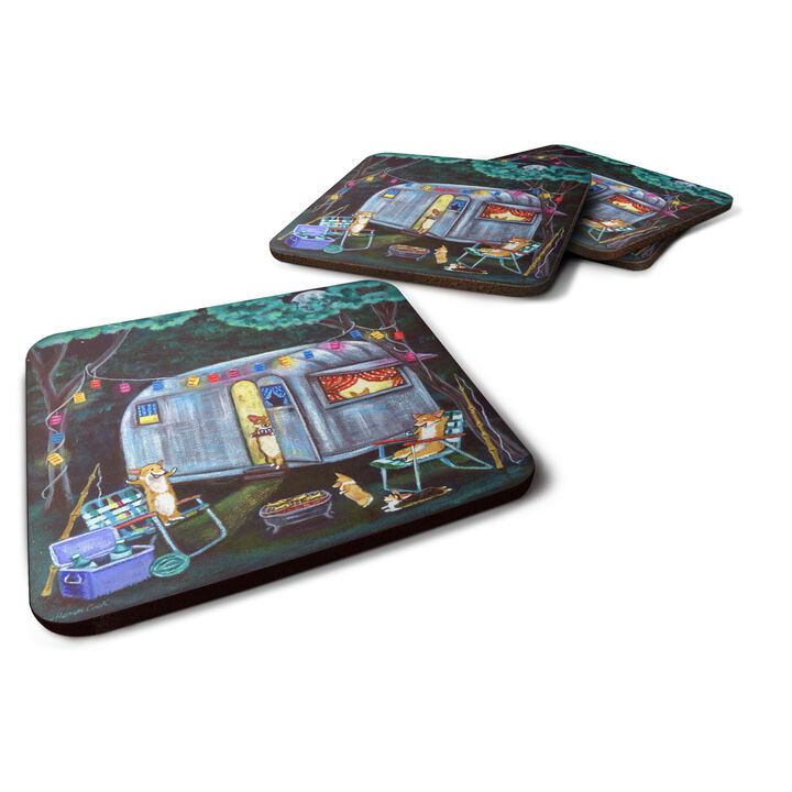 Caroline's Treasures 7435FC Corgi Glamping Fish Tales Trailer Foam Coasters (Set of 4), 3.5, Multicolor