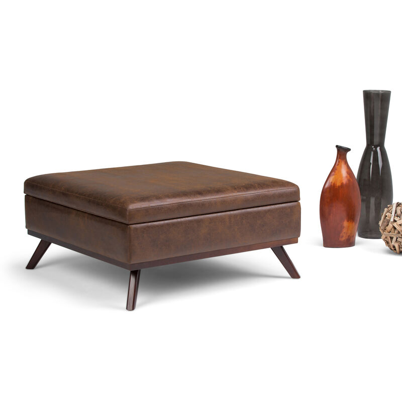 Owen Square Coffee Table Storage Ottoman in Distressed Chestnut Brown Faux Air Leather