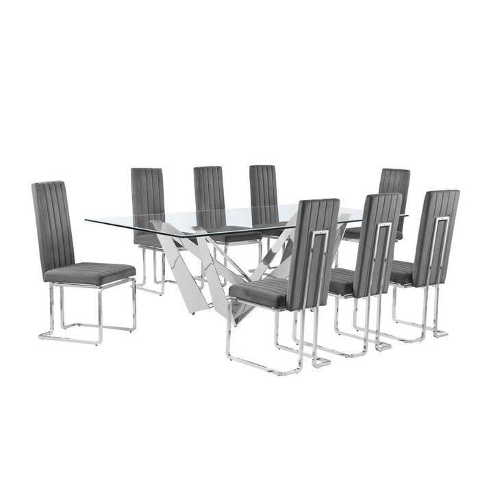 9pc Large(94") glass top dining set with silver base and 8 Dark grey side chairs