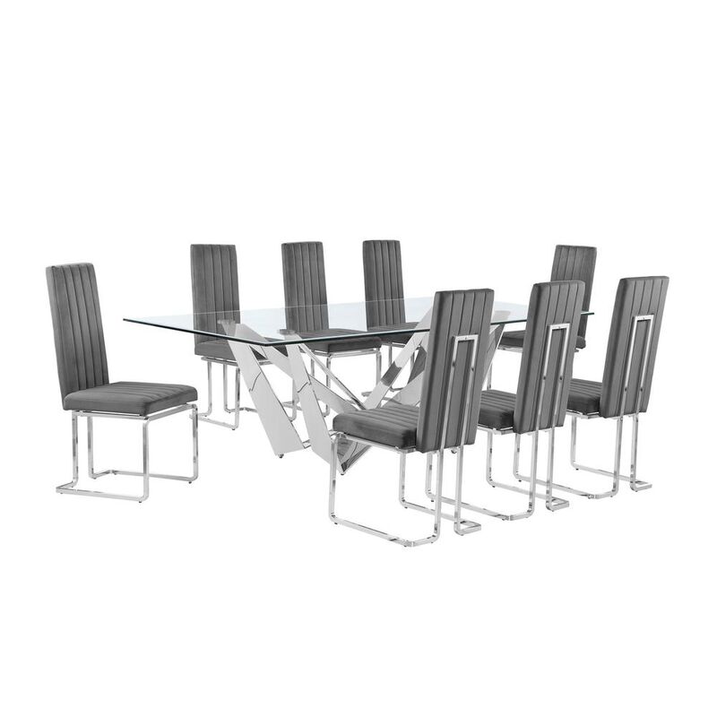 9pc Large(94") glass top dining set with silver base and 8 Dark grey side chairs