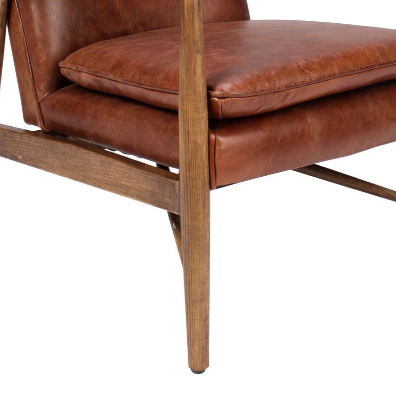 29 Inch Classic Wood Club Chair, Top Grain Leather Seat, Curved Arms, Brown-Benzara image number 4