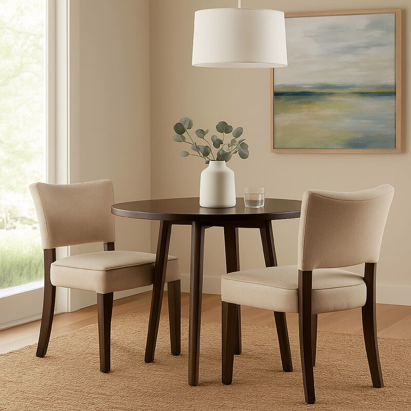 Rea Dining Side Chair Set of 2, Beige Fabric, Oak Brown Solid Wood