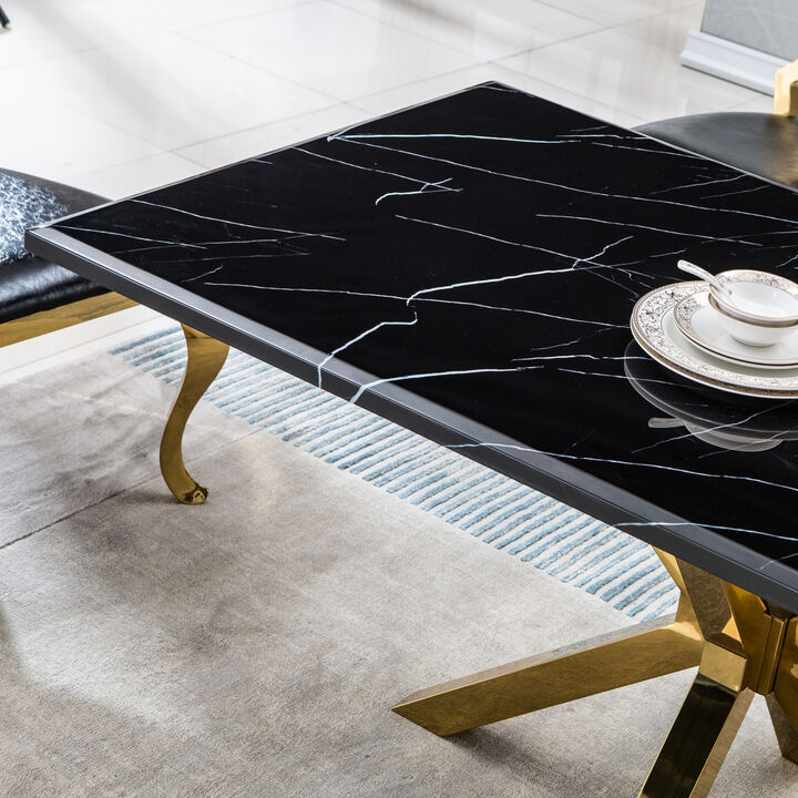 Modern Rectangular Marble Table for Dining Room/Kitchen, 1.02" Thick Marble Top, Gold Finish Stainless Steel Base, Size:63" Lx35" Dx30" H(Not Including Chairs)