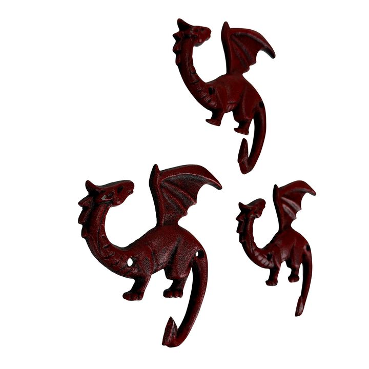 Set Of 3 Dragon Wall Hooks Red Rust Cast Iron Gothic 525 In Decorative