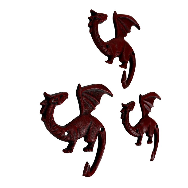 Set Of 3 Dragon Wall Hooks Red Rust Cast Iron Gothic 525 In Decorative image number 1