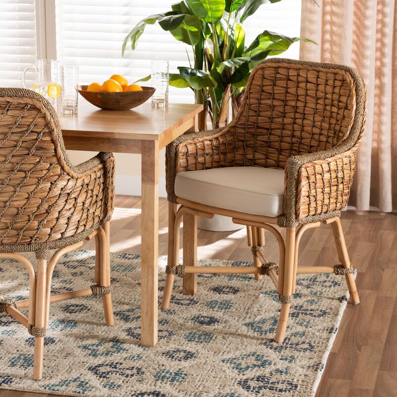 Baxton Studio Kyle Modern Bohemian Natural Brown Woven Rattan Dining Arm Chair with Cushion