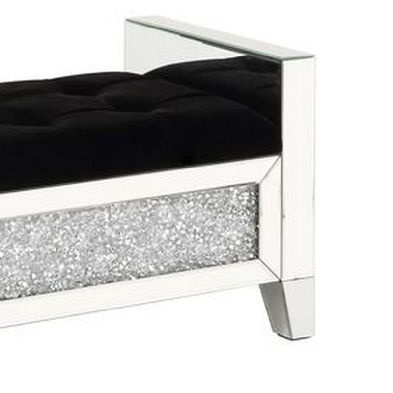 Mirrored Bench with Faux Diamonds and Button Tufted Seat, Silver-Benzara