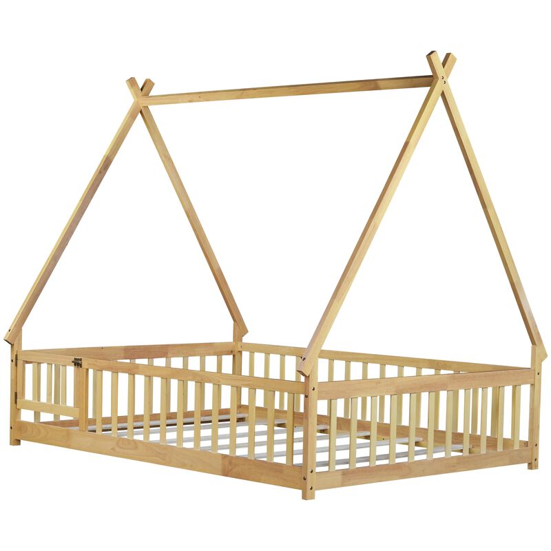Whisen Wooden Teepee Tent Bed with Guardrails and Slats, Full Floor Bed with Door for Kids image number 8