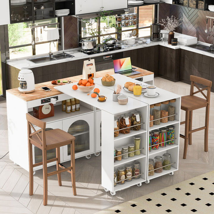 Rolling Kitchen Island With Extended Table, Kitchen island on Wheels with LED Lights, Power Outlets and 2 Fluted Glass Doors, Kitchen Island with a Storage Compartment and Side 3 Open Shelves, White