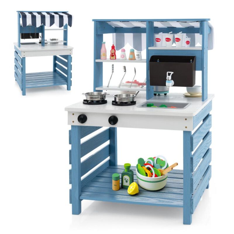 Hivvago Double-sided Wooden Play Kitchen and Grocery Stand with Stoves for Kids 3+ Years Old