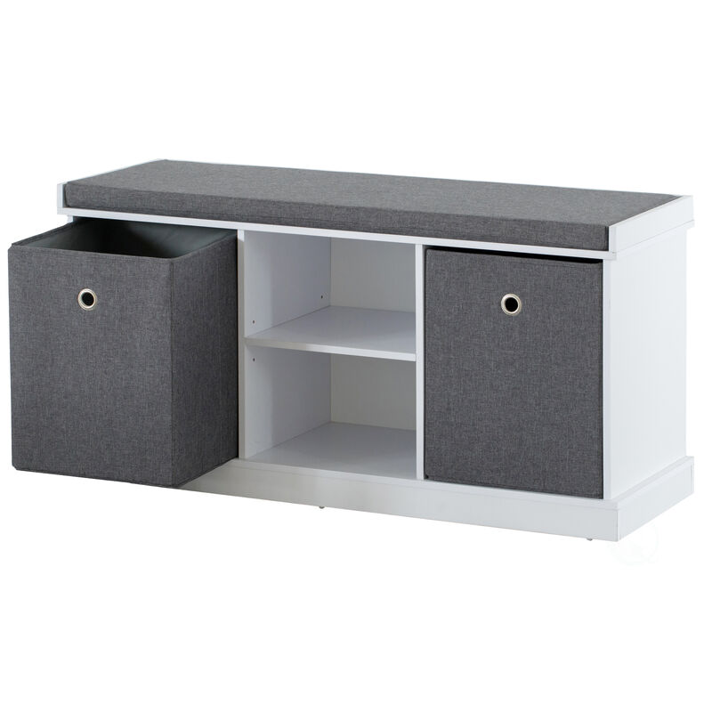 MDF Storage Box Shoe Bench with 2 Shelves, Foldable Baskets and a Gray Cushion, White