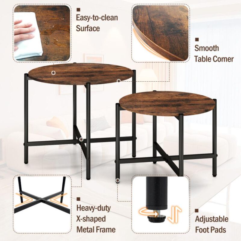 Hivvago Round Coffee Table Set of 2 with Heavy-Duty Metal Frame