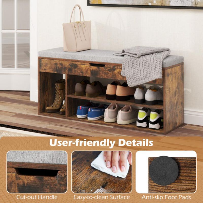 Hivvago Padded Seat Shoe Bench with Hidden Storage and 3 Open Shelves