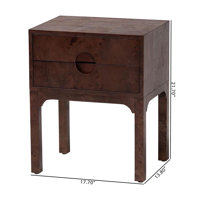 bali & pari Kayla Real Burl Wood Nightstand in Dark Walnut Brown - Modern Bedside Table with Two Drawers and Cutout Handle Design