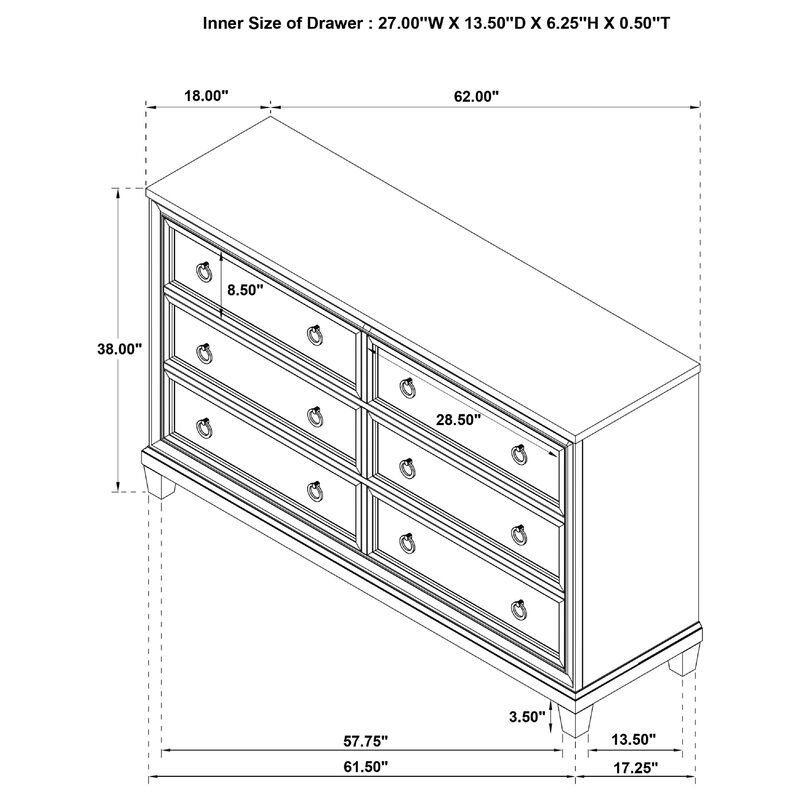 Kylie Wide Dresser with 6 Drawers, Stepped Trim, Washed Oak Wood image number 7