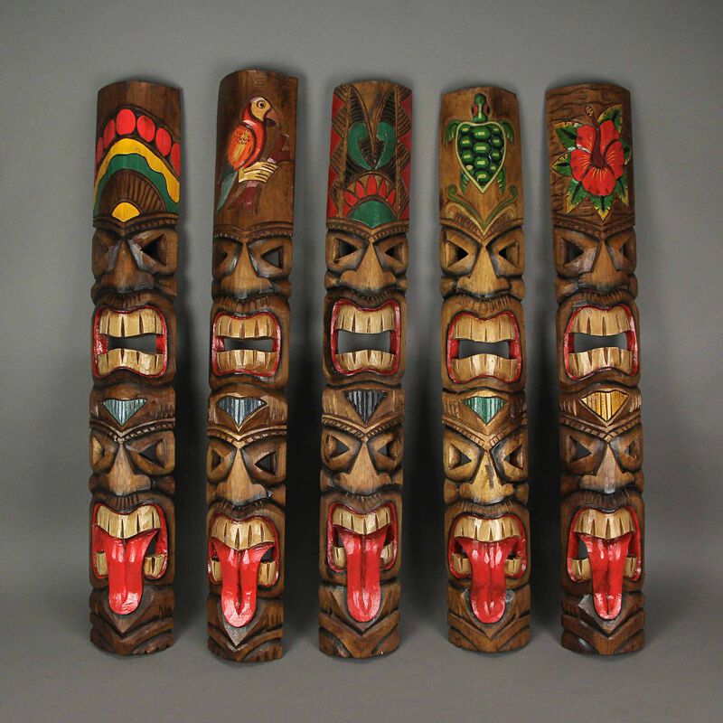 Set of 5 Double Tiki Mask Totem Wall Decor Hand Carved Tribal Sculpture 40 Inch image number 3