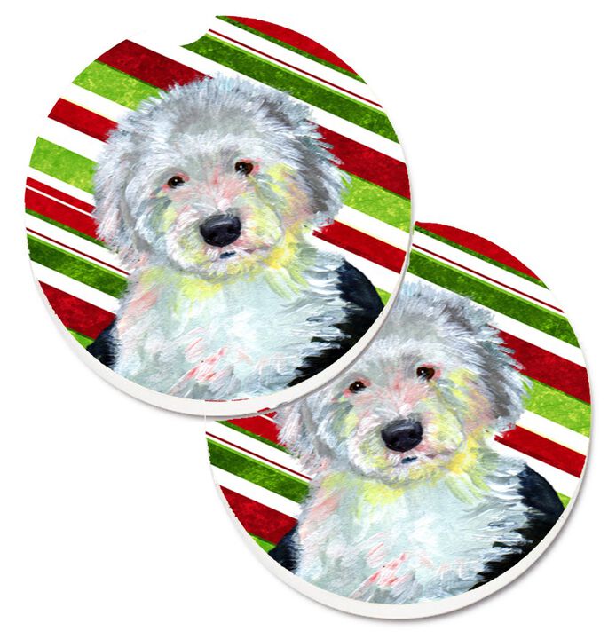 Caroline's Treasures Old English Sheepdog Candy Cane Holiday Christmas Set of 2 Cup Holder Car Coasters LH9261CARC, 2.56, Multicolor