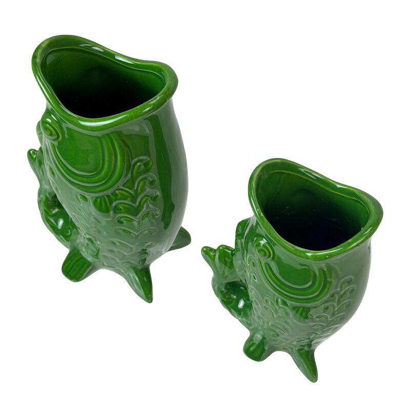 Set of 2 Green Glossy Porcelain Vases 8in Gurgling Fish Coastal Decor image number 3