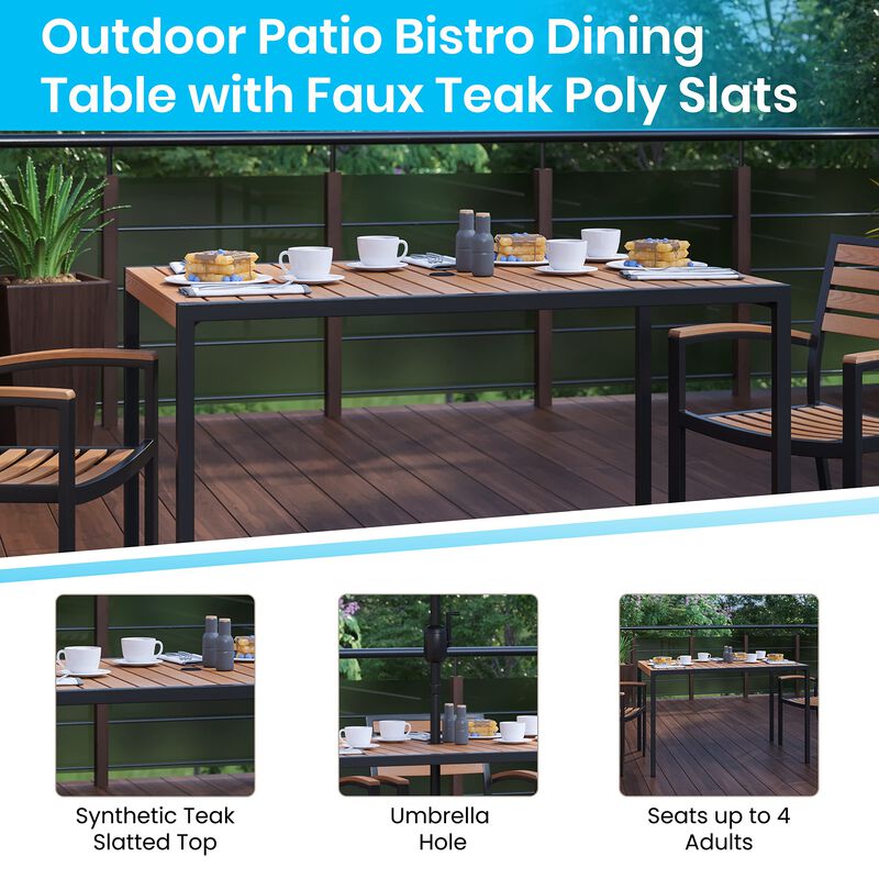 Flash Furniture Lark 3 Piece Outdoor Patio Table Set - Natural Faux Teak Dining Table - 30" x 48" Synthetic Teak Patio Table with Teal Umbrella and Base