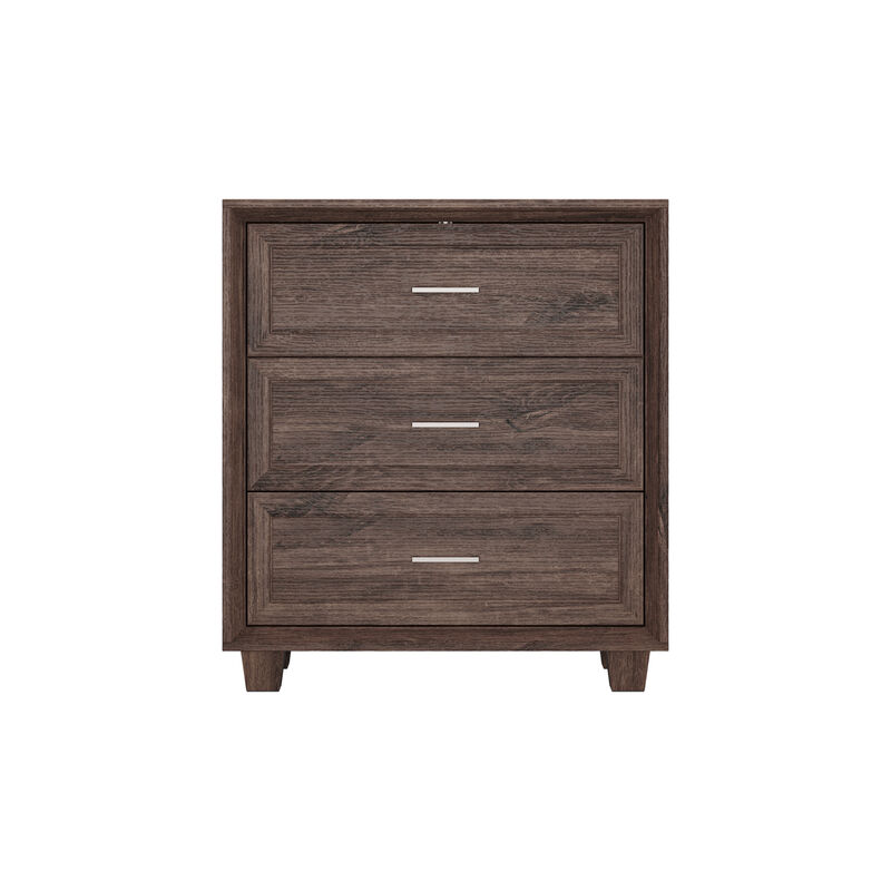 FUFU&GAGA Retro 3-Drawer Bedside Table with Silver Handles, Large Beveled Edge Faux Thick Design and Patterned Drawer Fronts, (34.4 in. W x 31.4 in. D x 15.7 in. H), Dark Brown Wood Grain
