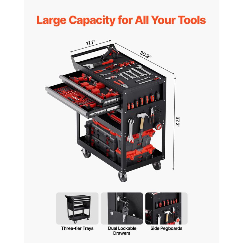 Rolling Mechanic Tool Cart with Locking Drawers, 5-Tier Storage Rack for Garage & Repair Shop-Black image number 2