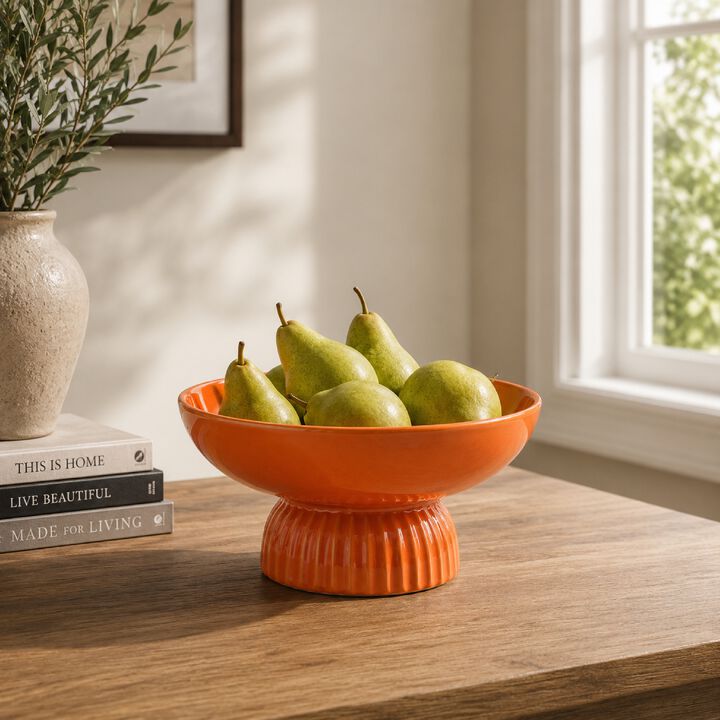 Ribbed Pedestal Fruit Bowl, Wide Basin, Glazed Orange Ceramic 11 Inch