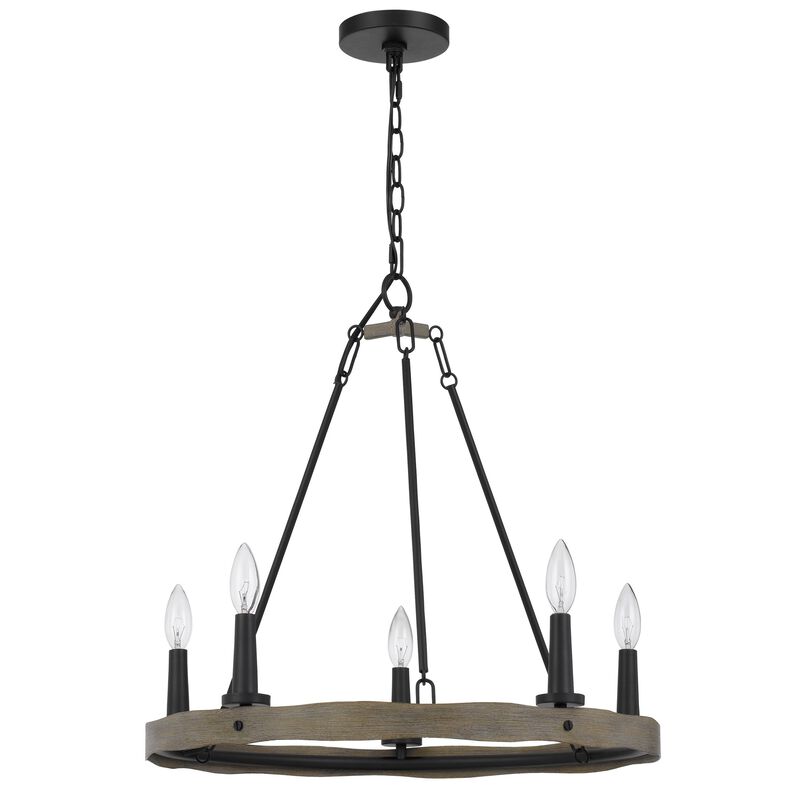 Stomy 23 Inch Chandelier, Brown Wood Wheel Design, Black Metal Chain - Benzara