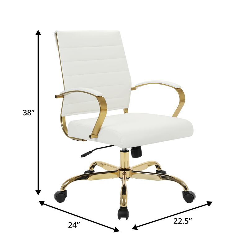 LeisureMod Benmar Leather Office Chair with Gold Accents, Adjustable Height, Swivel Base, Ergonomic Design for Home Office, Study, or Workspace