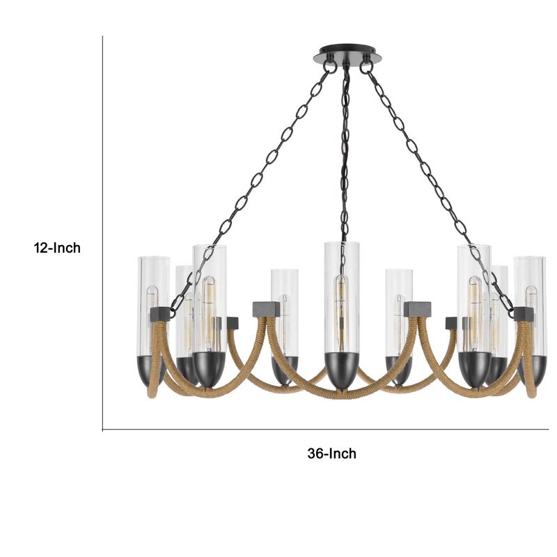 Arga 9 Light Chandelier, Glass Shade, Rope Arms, Bronze Metal 12 Inch image number 7