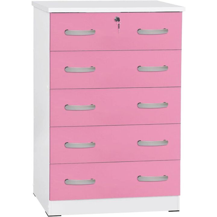 Better Home Products Cindy 5 Drawer Chest Wooden Dresser with Lock in Pink