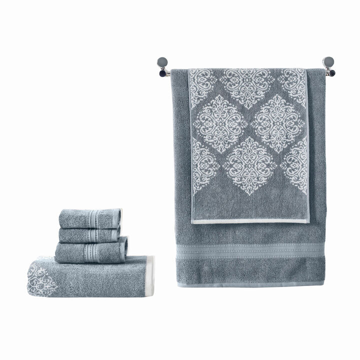 Eula Modern 6 Piece Cotton Towel Set, Stylish Damask Pattern, Slate Blue-Benzara