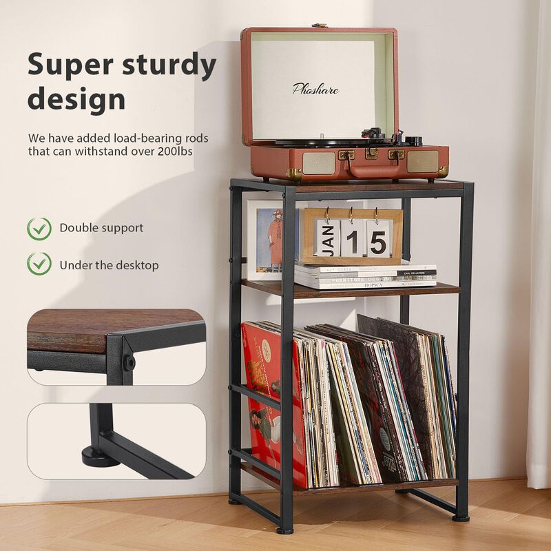 ZEXVIDA 3-Tier Vinyl Record Player Stand, End Table for Album Storage, 28"" H Record Player Stand with Storage Up to 120 Albums