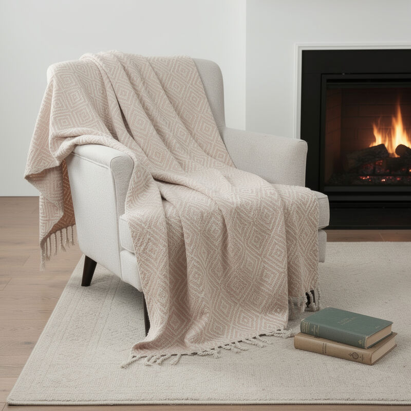 HomeRoots 50" X 60" Blush Cotton Woven Geometric Throw Blanket with Fringe image number 1
