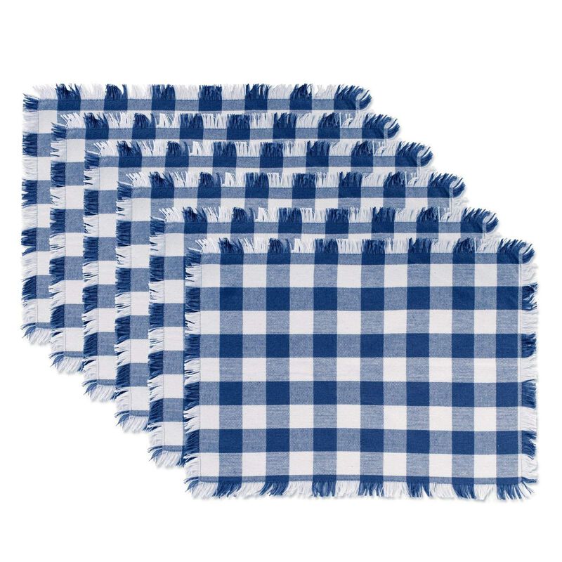 Set of 6 Navy Blue and White Heavyweight Check Fringed Placemats 19"