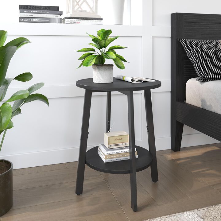 sthmec Side Table, Small Round End Table with Storage Shelf for Small Space, 2-Tier Small Black Bedside Table Sofa Couch Table,