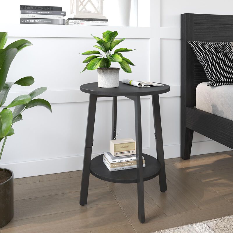 sthmec Side Table, Small Round End Table with Storage Shelf for Small Space, 2-Tier Small Black Bedside Table Sofa Couch Table,