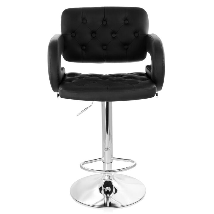 Elama Faux Leather Tufted Bar Stool in Black with Chrome Base and Adjustable Height
