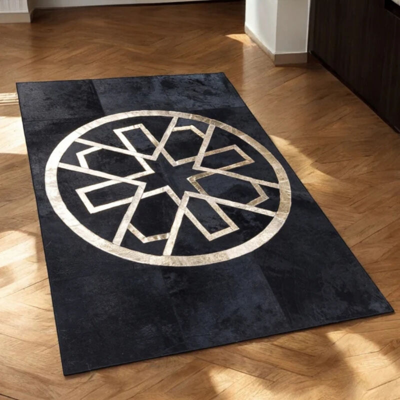 Black Cowhide Patchwork Rug Gold Geometric Design image number 2