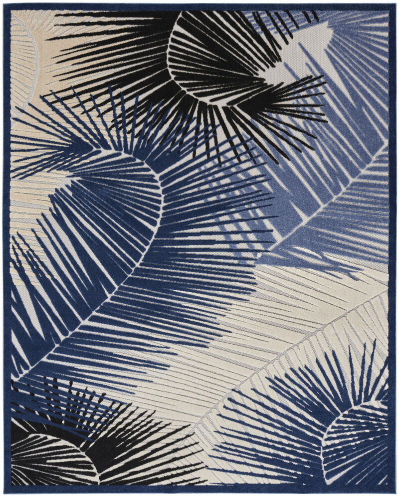 HomeRoots 8' X 10' Navy Blue Ivory And Black Palm Leaf Indoor Outdoor Area Rug image number 0