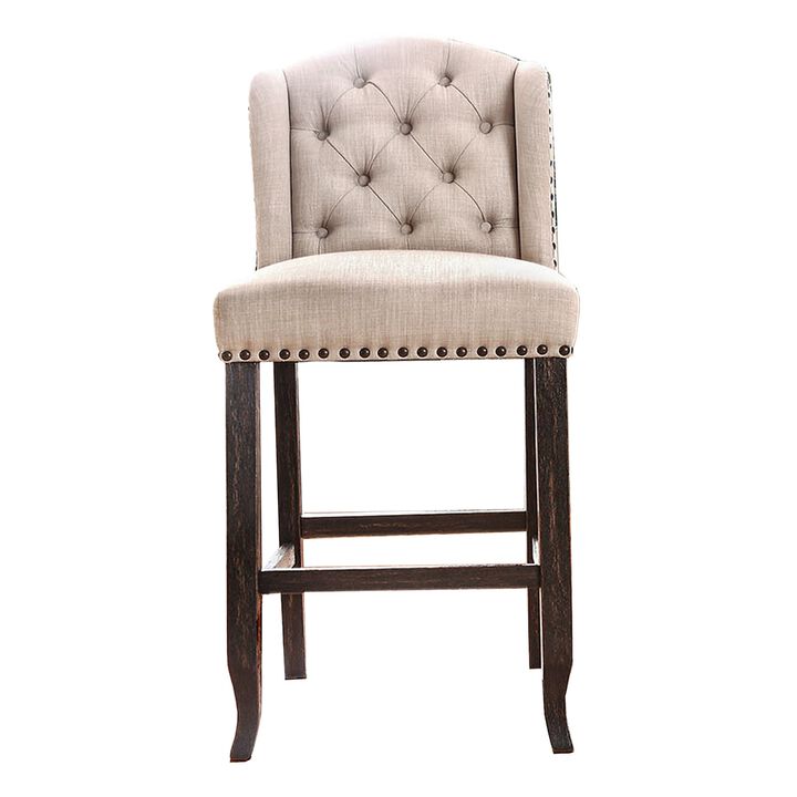 Button Tufted Fabric Upholstered Wooden Bar Chair, Beige and Black, Set of Two-Benzara