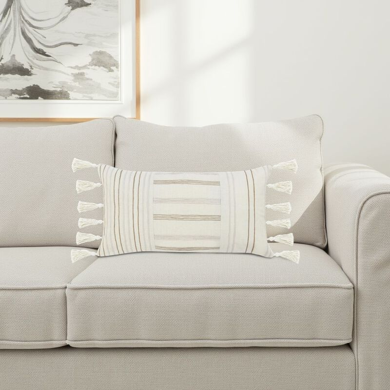 Pini Lumbar Throw Pillow, Boho Striped Design, 14x26 Inch Beige Linen - Benzara