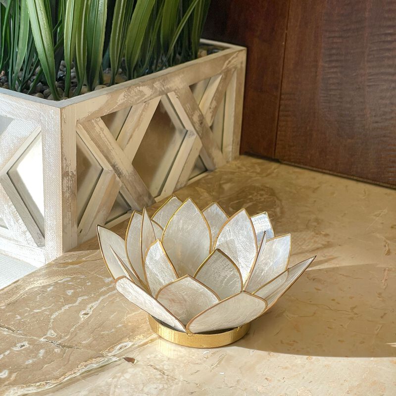 White Capiz Shell Lotus Flower Small Tealight Candle Holder Set Of 3 image number 6